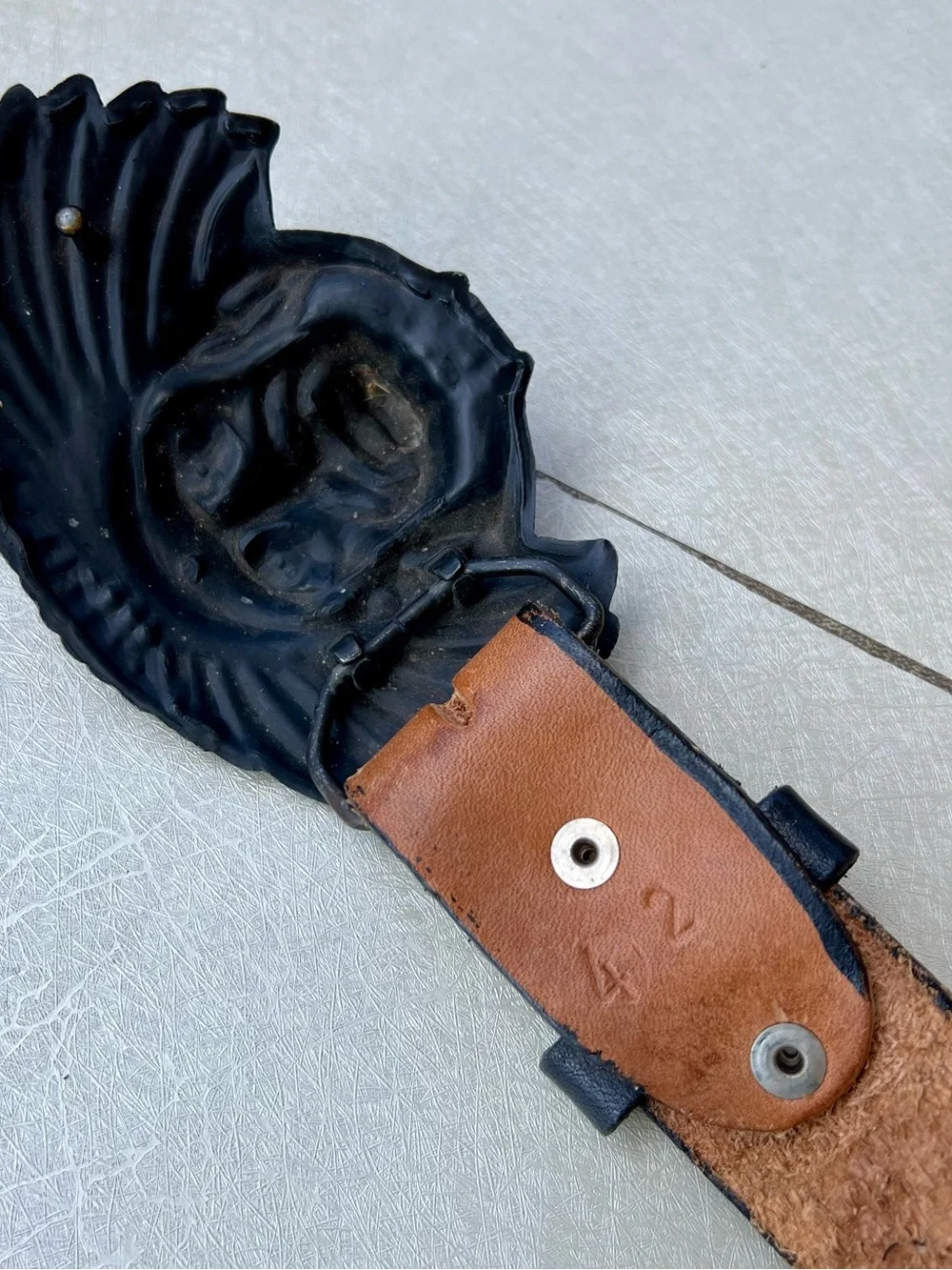 Hand-Tooled Brown Leather Men’s Belt with Native Chief Buckle